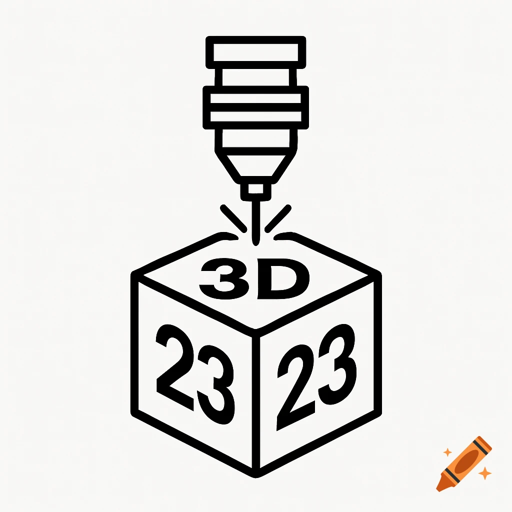 Black and white vector icon of a laser engraver head above a cube with '3D' on top and '23' on its sides.