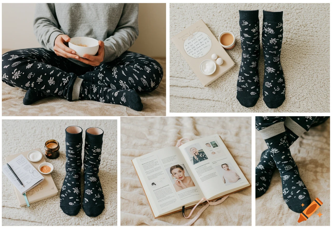 Lifestyle shots of black socks with white patterns, featuring a person in pajamas, books, and self-care items on a cozy blanket.
