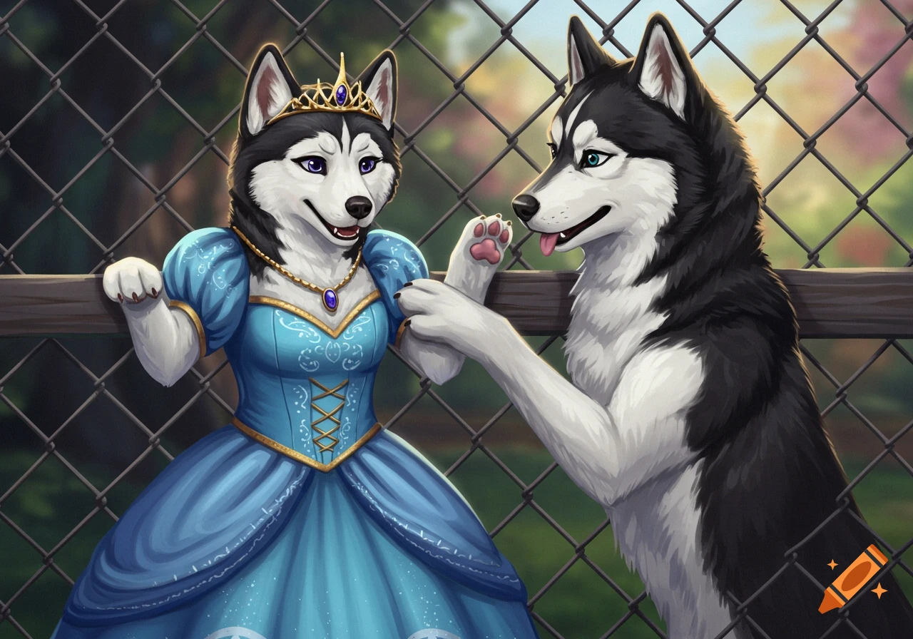 A cartoon husky wearing a blue princess dress is stuck in a chain-link fence, while another husky offers a paw to help.