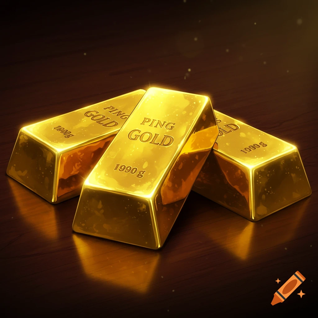 Three shiny gold bars with reflections on a dark wooden surface, anime style.