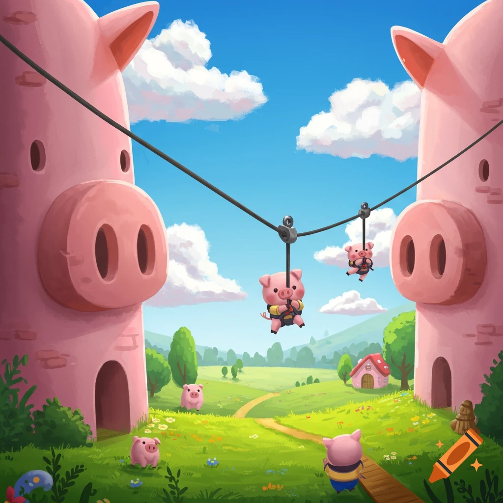 Cartoon pigs ziplining between large pig-snout towers in a sunny, green countryside with other pigs on the ground.