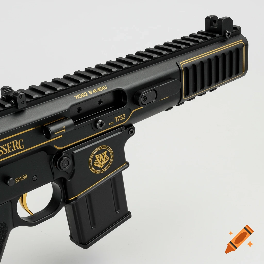 Close-up of a black firearm with gold accents, showing detailed engraving and a magazine.