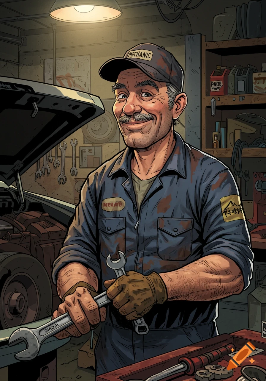 A smiling male mechanic in a garage, wearing a cap and holding wrenches. He has a mustache and is wearing a work uniform with a name tag.