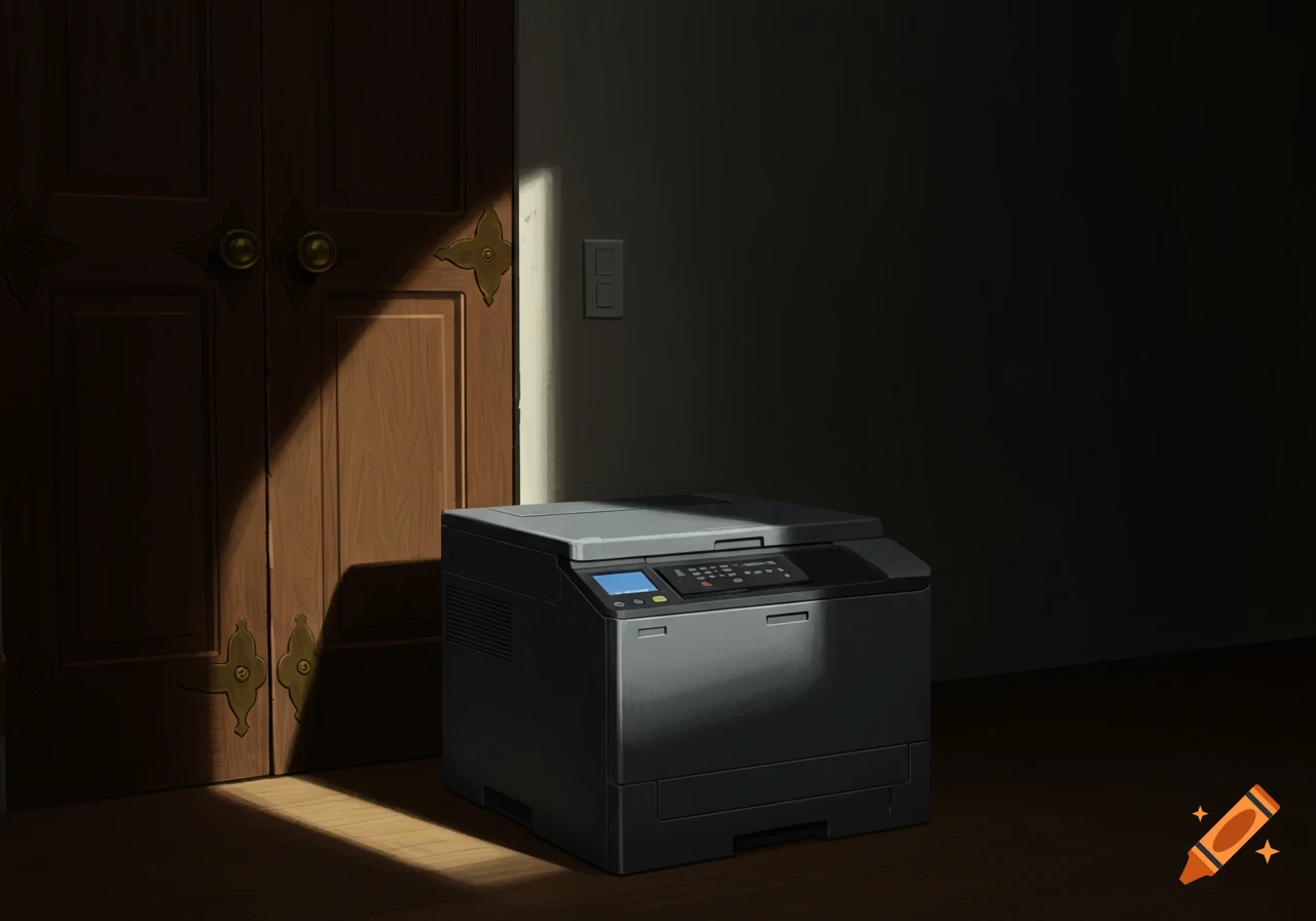 A black laser printer sits on a wooden floor in front of a closed wooden door, illuminated by a sunbeam.