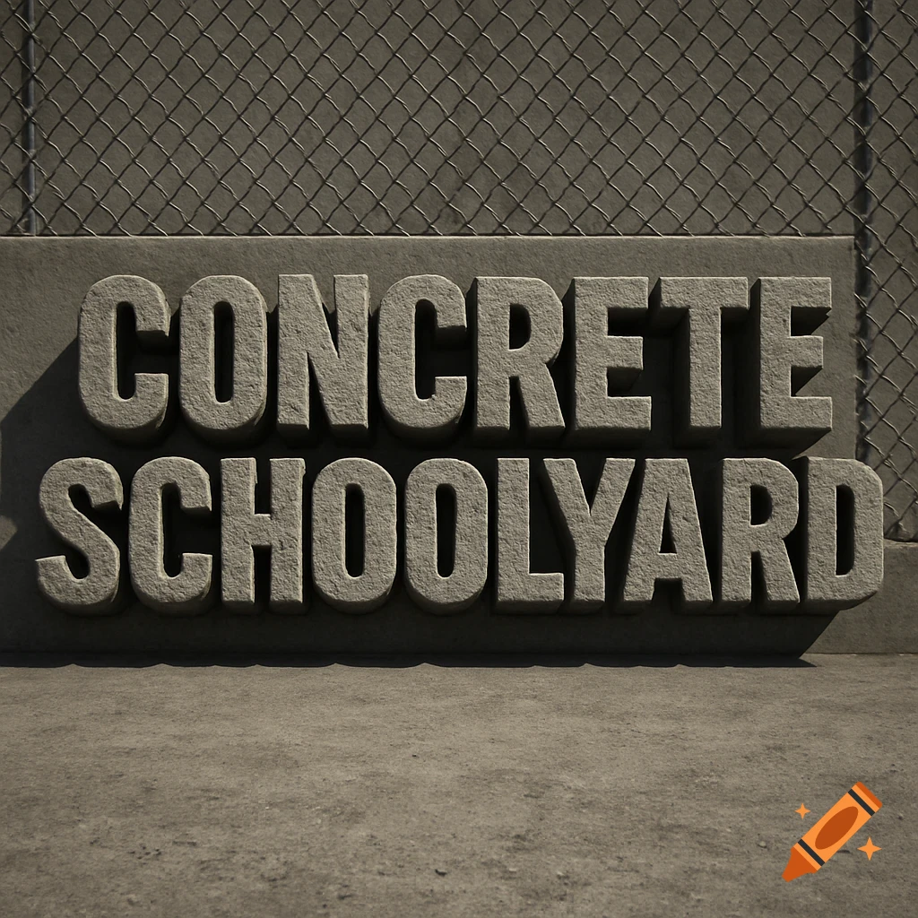 3D concrete letters spelling 'Concrete Schoolyard' against a concrete wall and chain-link fence.