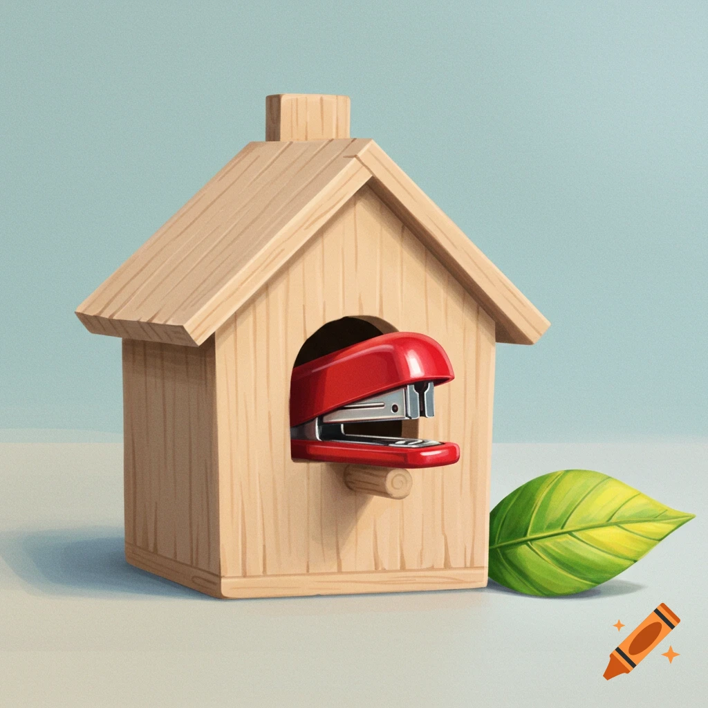 A red stapler inside a plain wooden birdhouse with a green leaf beside it, in an illustrative style.