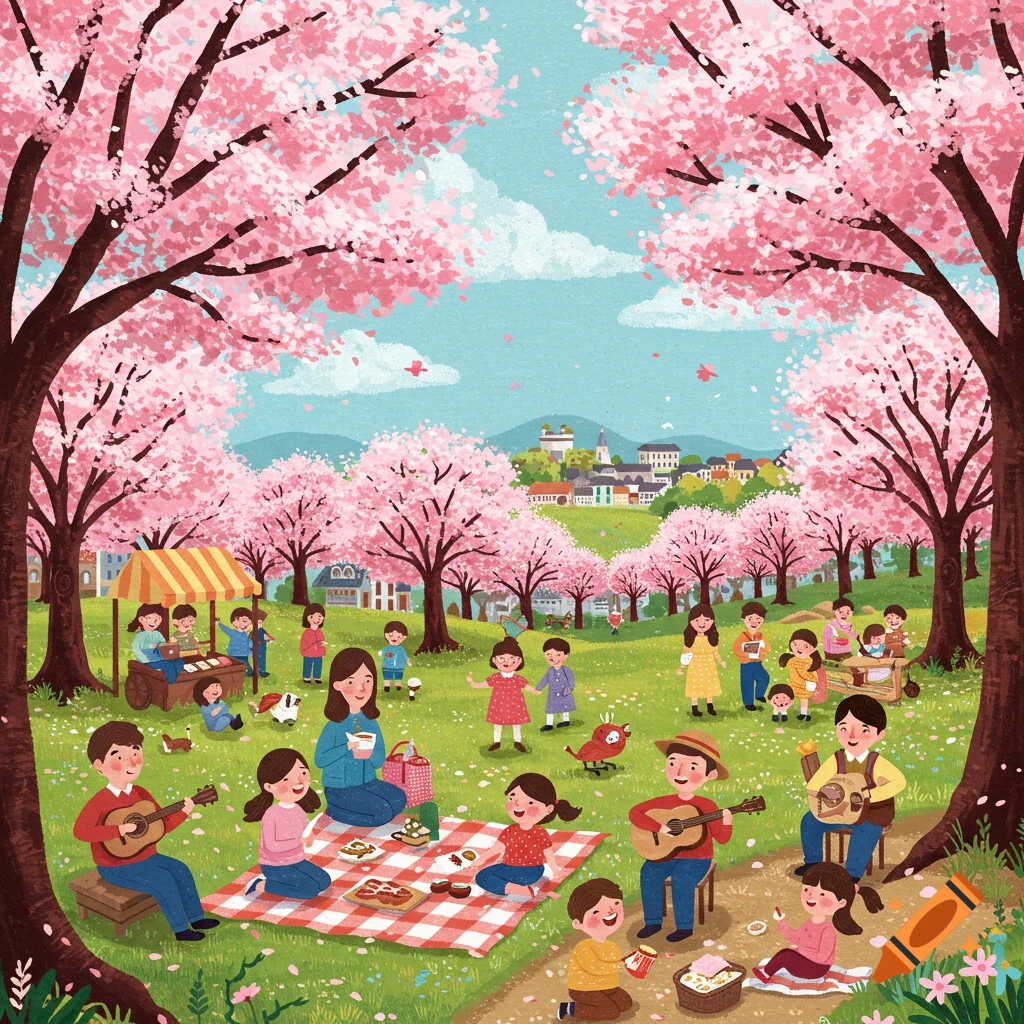 A vibrant illustration of a family festival in a park under blooming cherry trees, with people picnicking and playing music.
