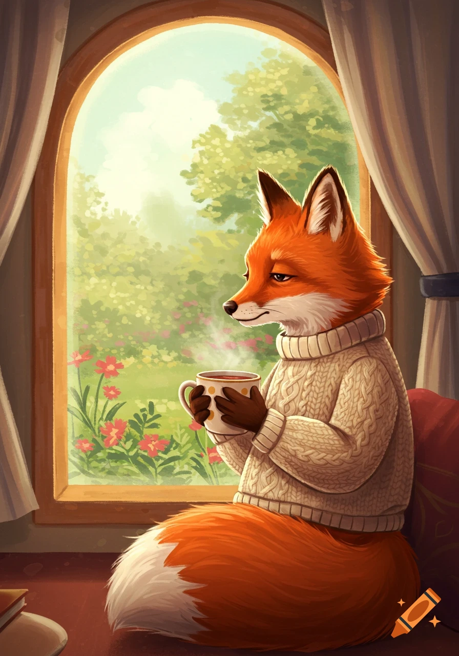 A sleepy fox wearing a cream cable-knit sweater sips from a mug, looking out an arched window at a lush green garden with red flowers.