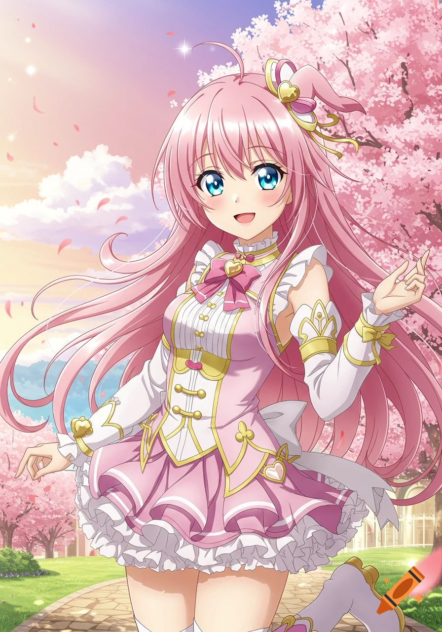 A smiling anime girl with long pink hair and blue eyes, wearing a pink and white dress, stands in a park with cherry blossoms and falling petals.