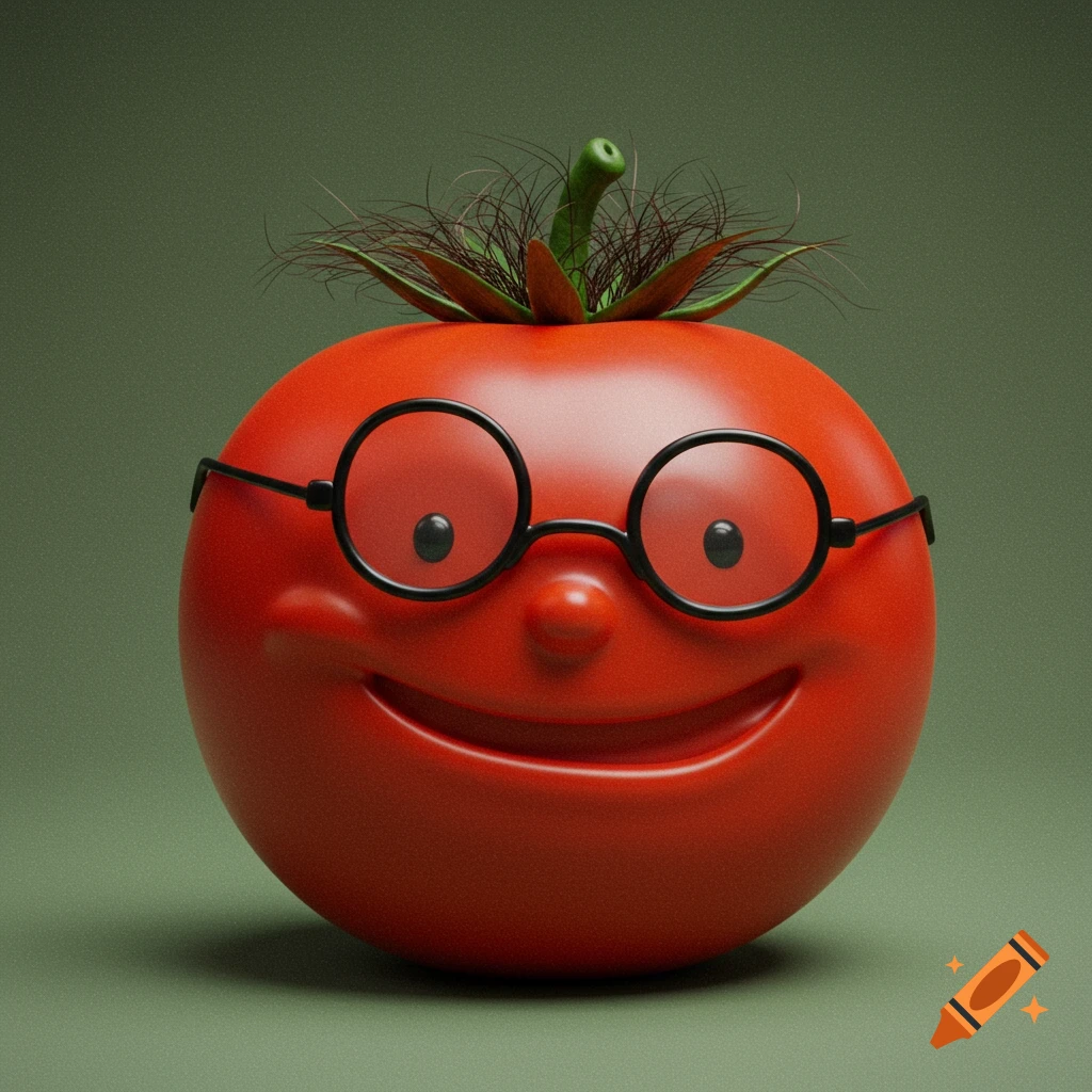 A cartoon red tomato character with black-framed glasses, wiry green hair, and a smile, set against a muted green background.