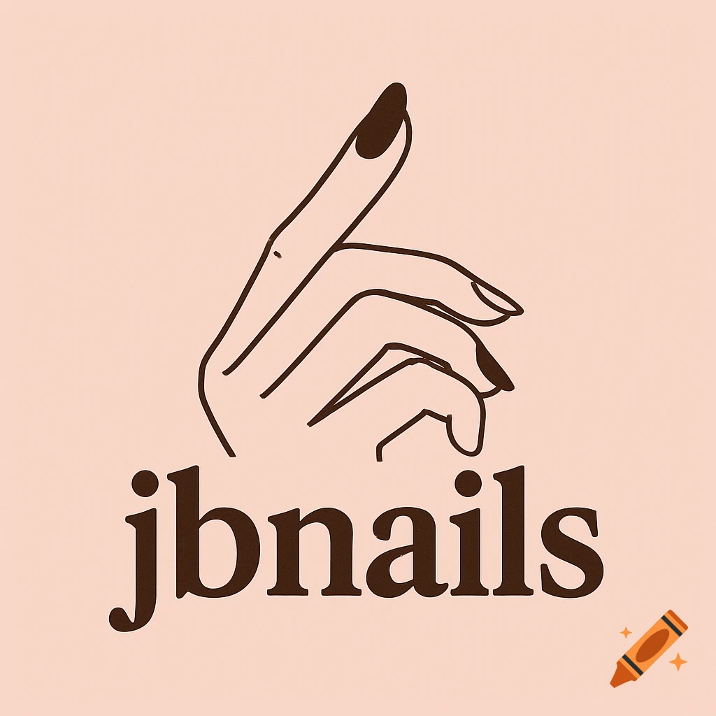 A minimalist line art logo for 'jbnails' featuring a hand with dark nails on a light peach background.