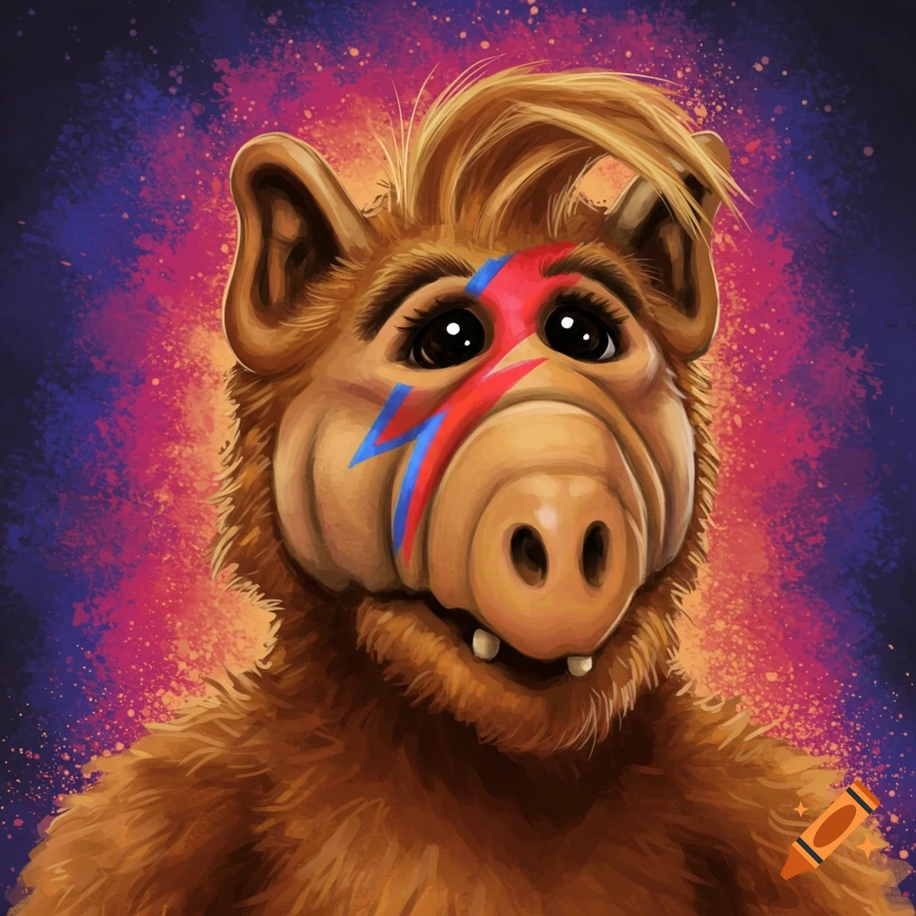 Colorful artistic portrait of ALF with a red and blue lightning bolt painted across his face, set against a vibrant, splattered background.