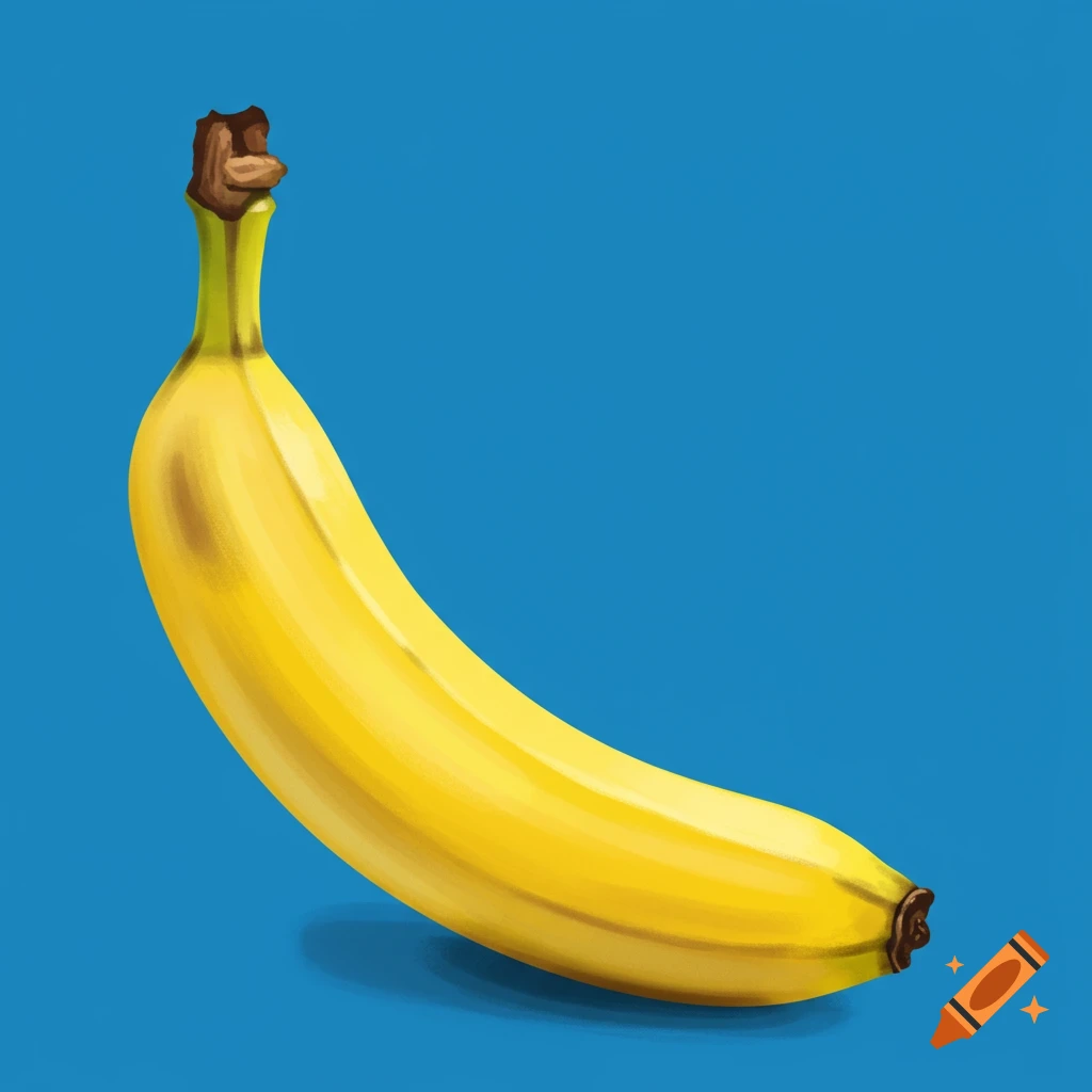 A vibrant yellow banana with a green stem and brown tips, placed diagonally against a solid blue background.