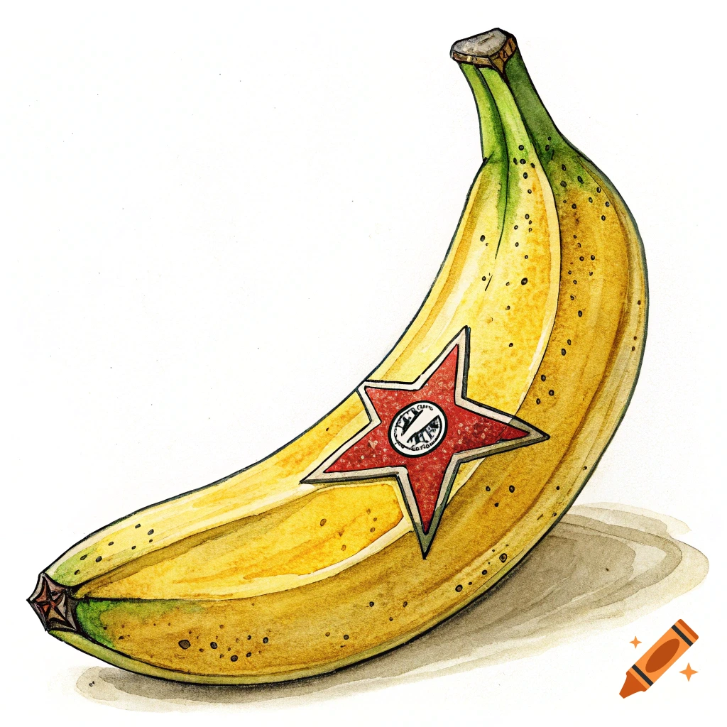 A watercolor illustration of a yellow banana with a red star-shaped sticker on its side.