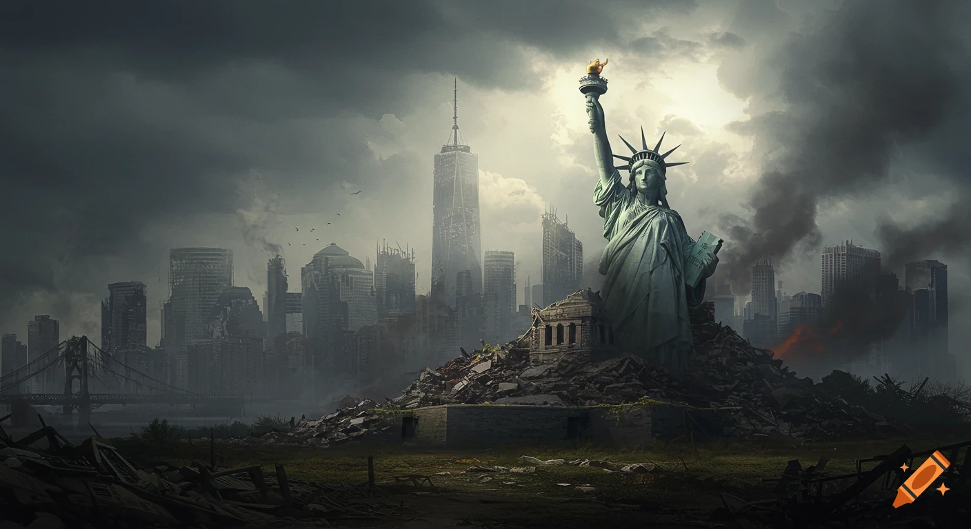 A dark, post-apocalyptic cityscape with a tall, ruined Statue of Liberty standing atop a pile of debris under a cloudy sky.