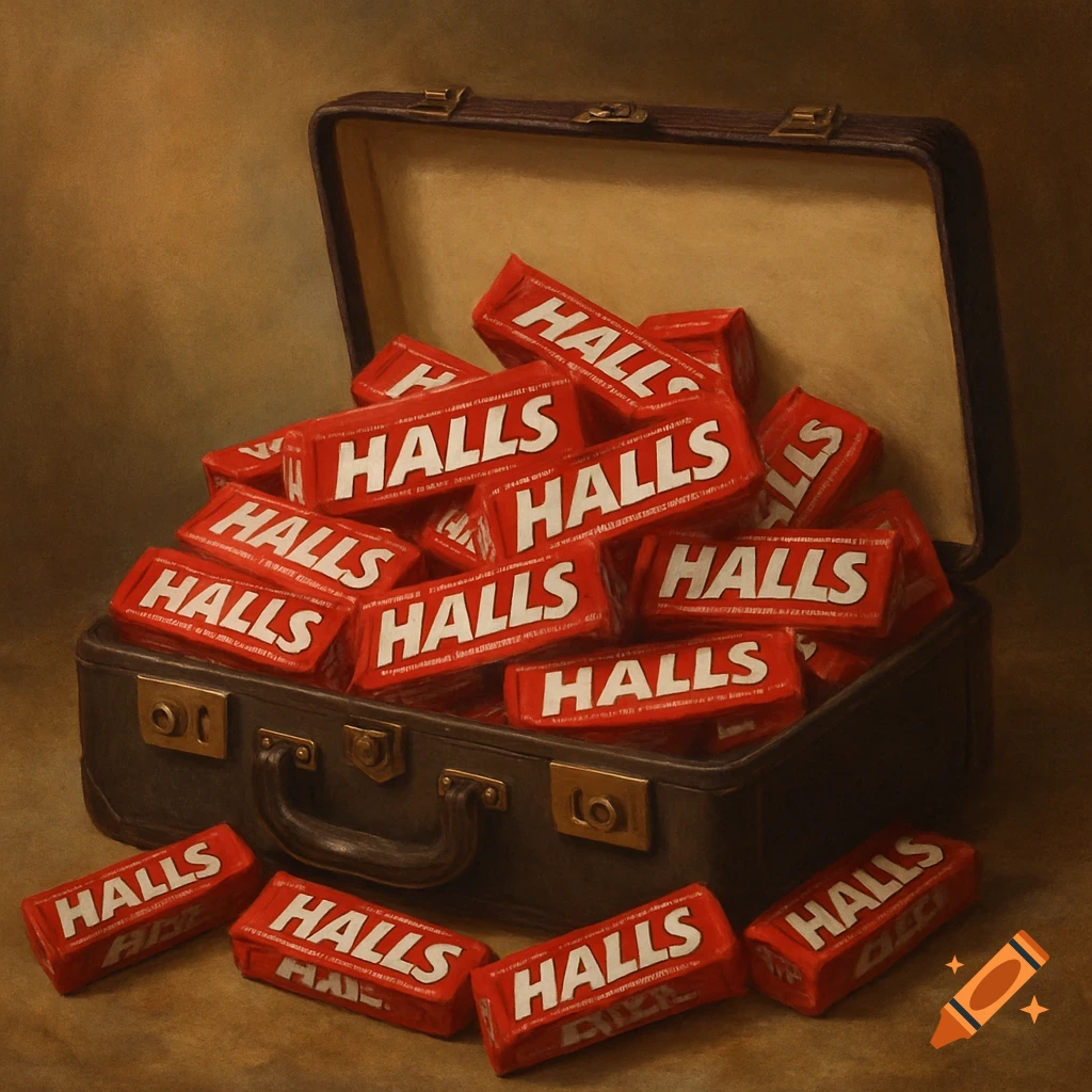 A still life painting of an open vintage suitcase overflowing with red "HALLS" cough drop boxes, with several more boxes scattered on the ground around it.