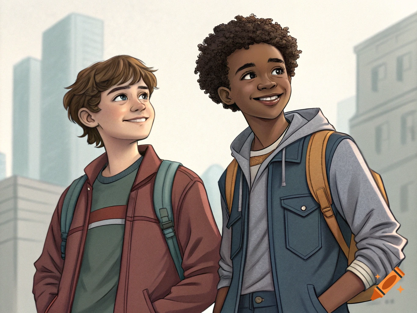 Two smiling cartoon boys with backpacks look up in an urban setting.