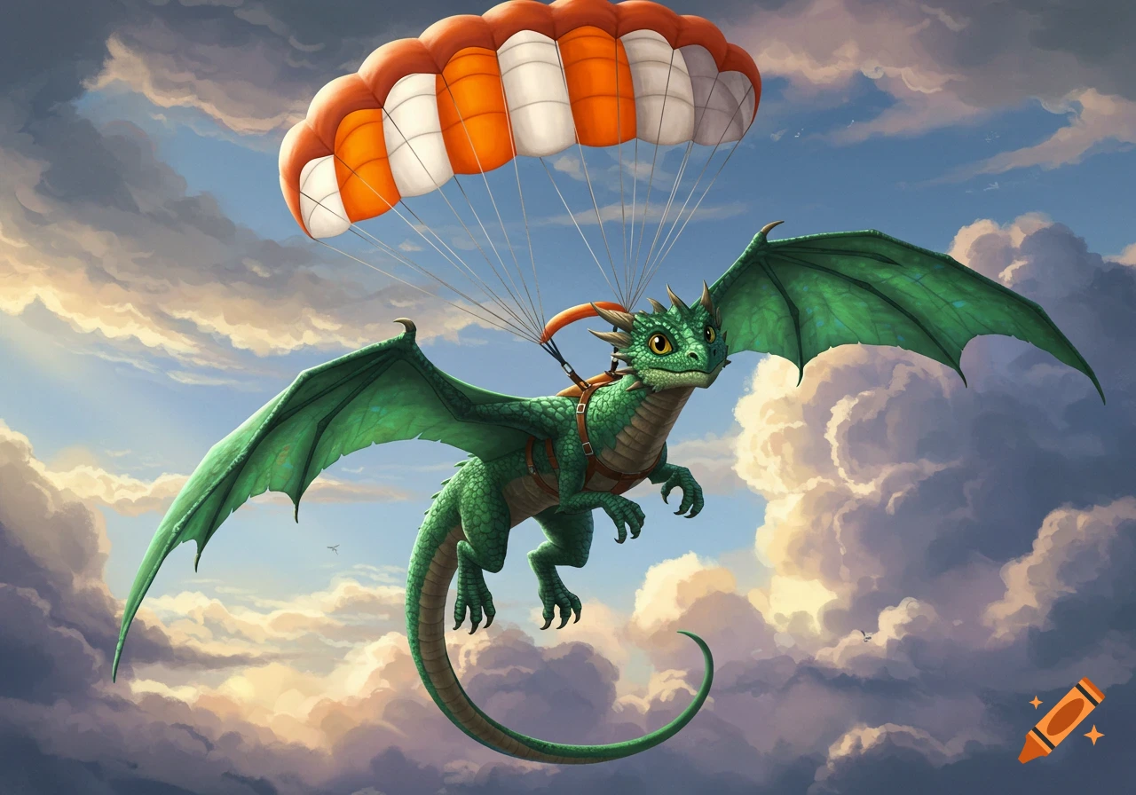 A green dragon with a parachute floats through a cloudy sky.