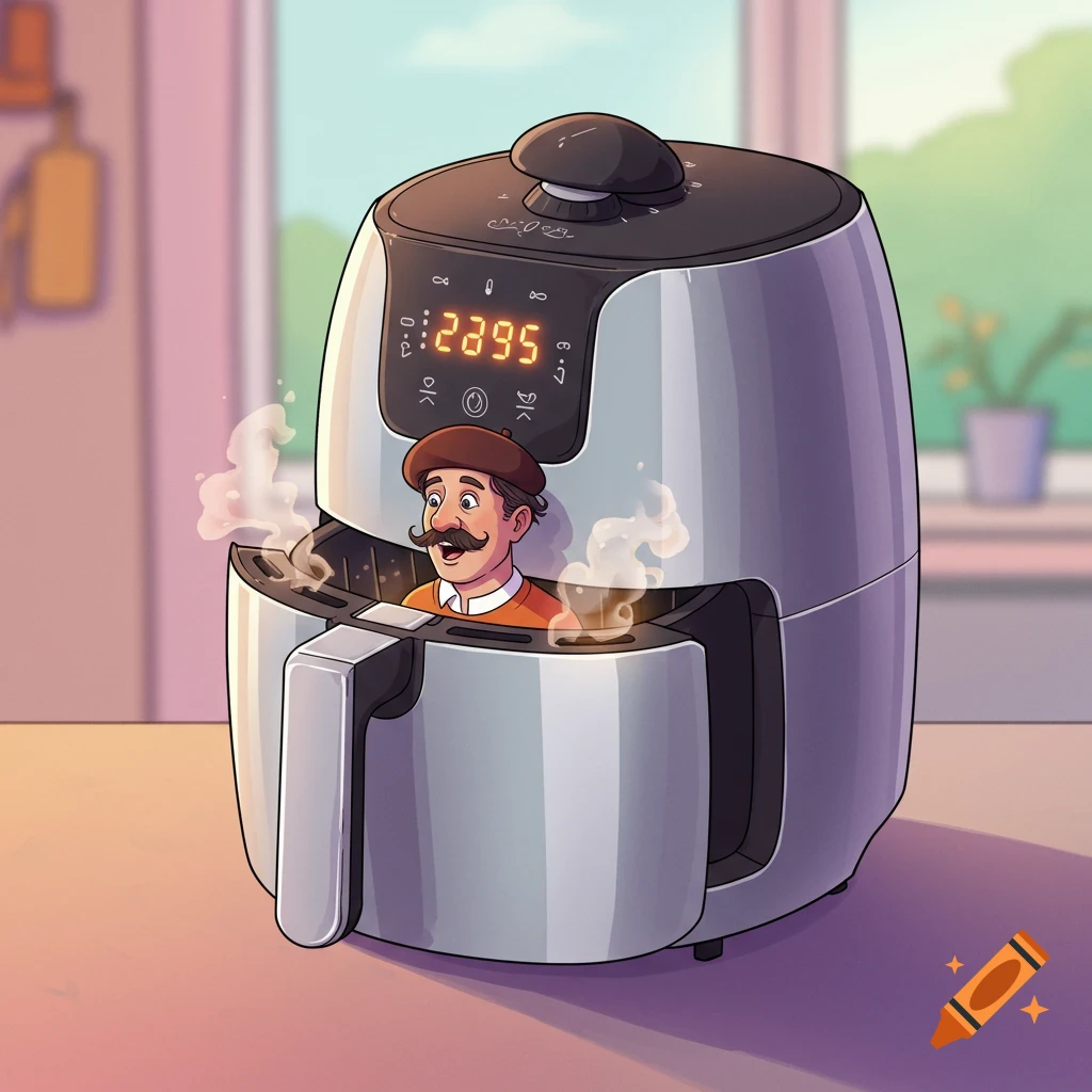 A cartoon man with a beret and mustache is inside an air fryer, with steam rising from it.