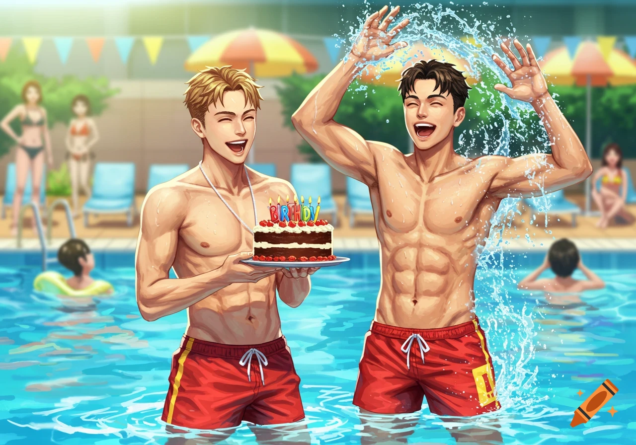 Two smiling, muscular men in red swim trunks in a pool; one holds a birthday cake, the other splashes water. Anime style.