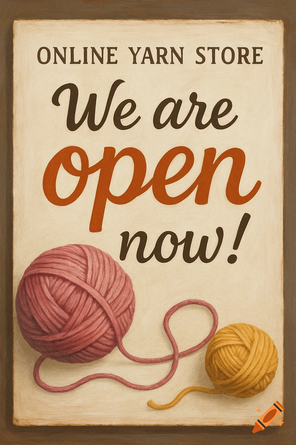A vintage-style sign with text 'ONLINE YARN STORE We are open now!' alongside a large pink yarn ball and a smaller yellow yarn ball with a looping thread.