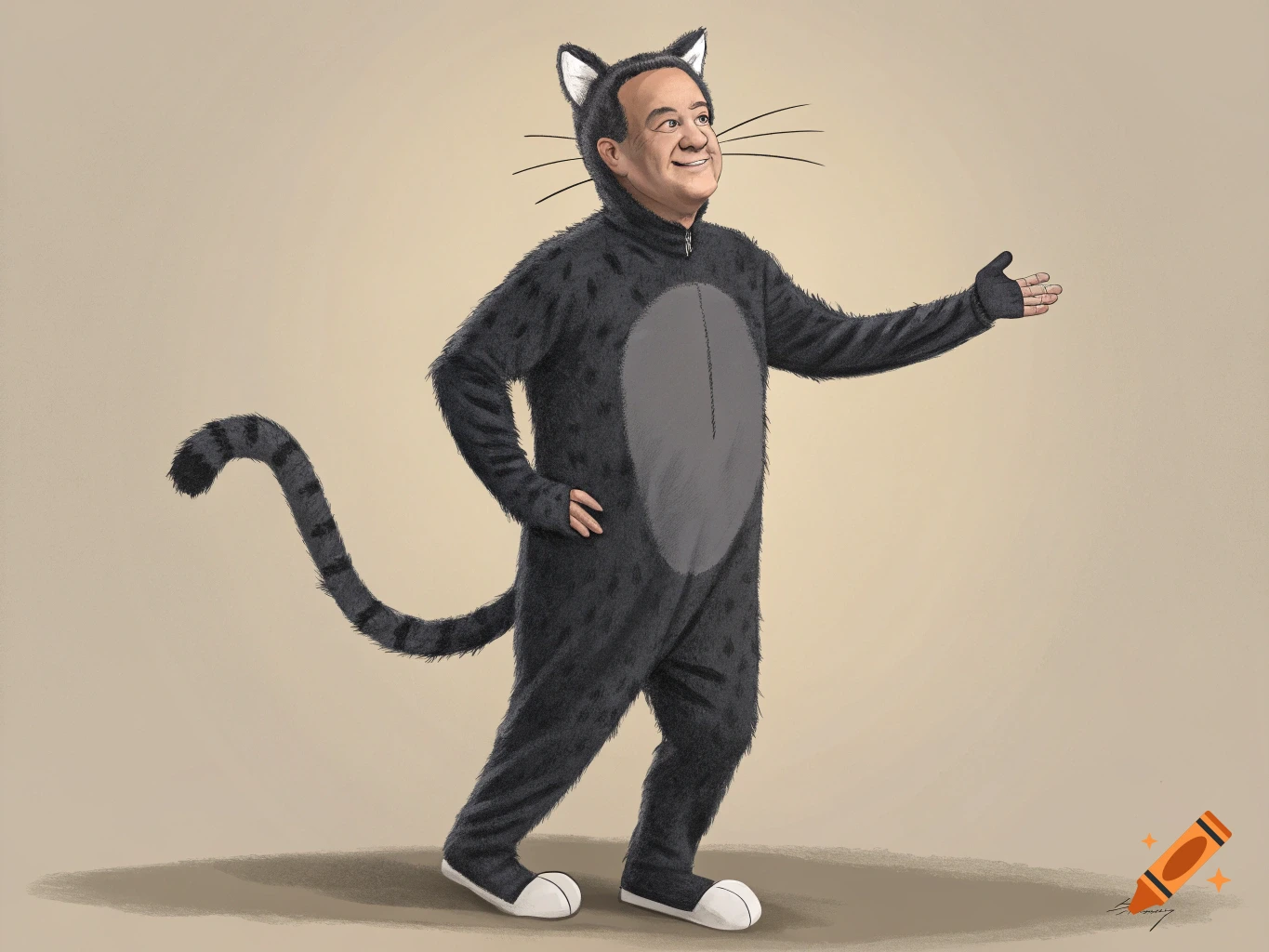 A man resembling Tom Hanks smiles while wearing a black cat costume with a long tail on a beige background.