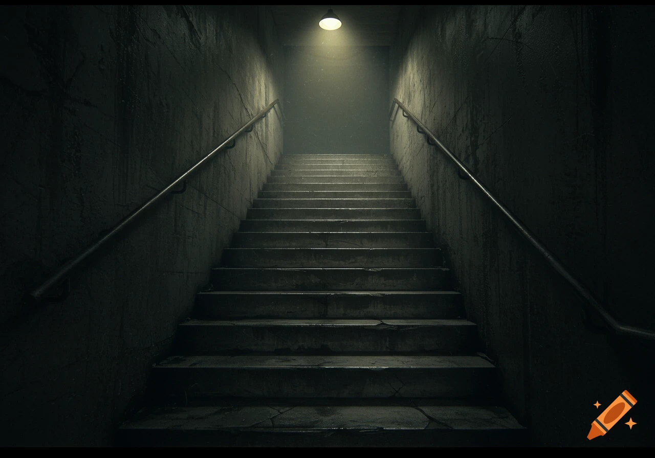 A dimly lit, grunge-style concrete staircase with metal handrails, leading upwards towards a bright light.