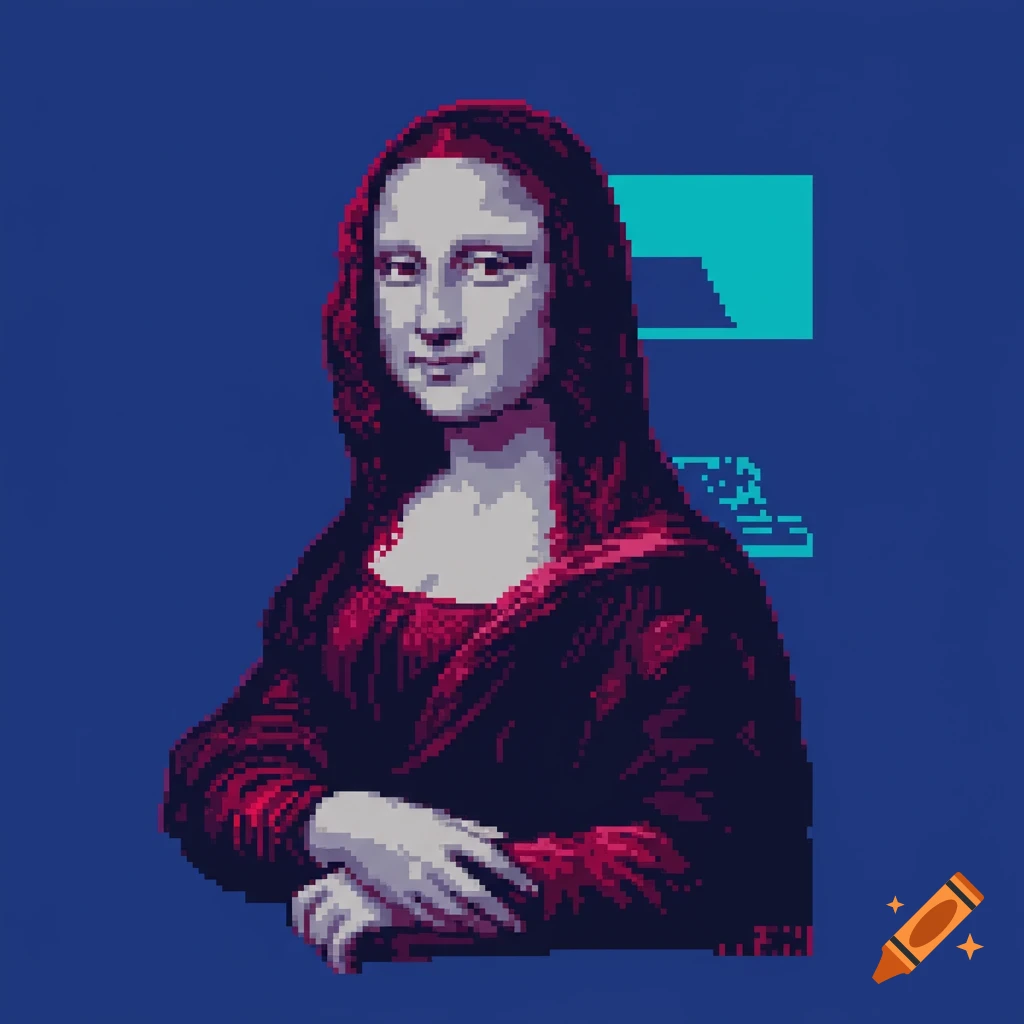 A pixel art portrait of the Mona Lisa with grey skin, a magenta dress, and cyan pixelated shapes against a dark blue background.