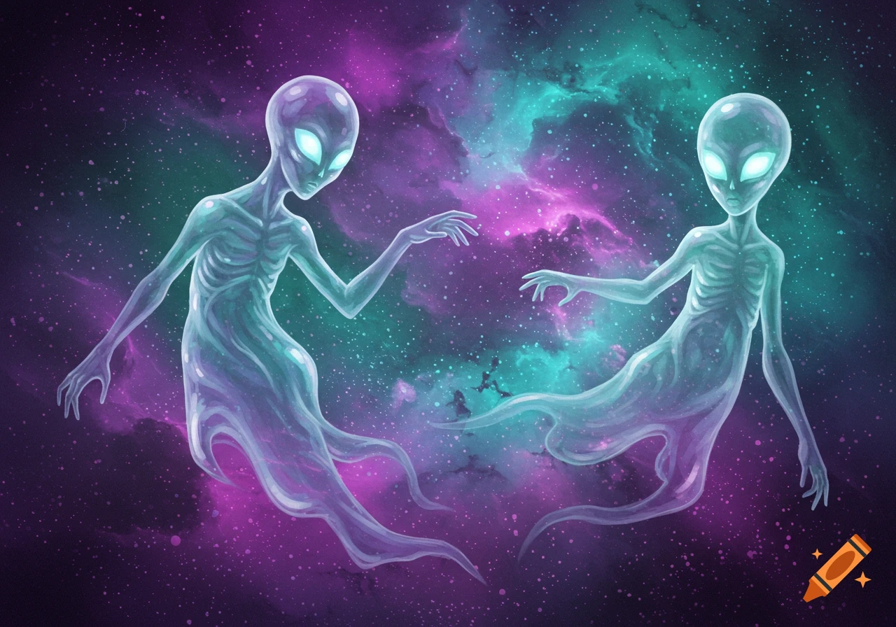 Two translucent, light blue-green alien ghost-like figures with glowing eyes float in a vibrant purple and teal nebula with stars.