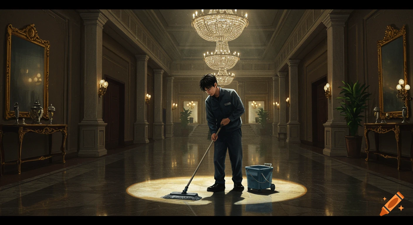 A young man as a janitor mops the floor in a grand luxury building with dramatic lighting.