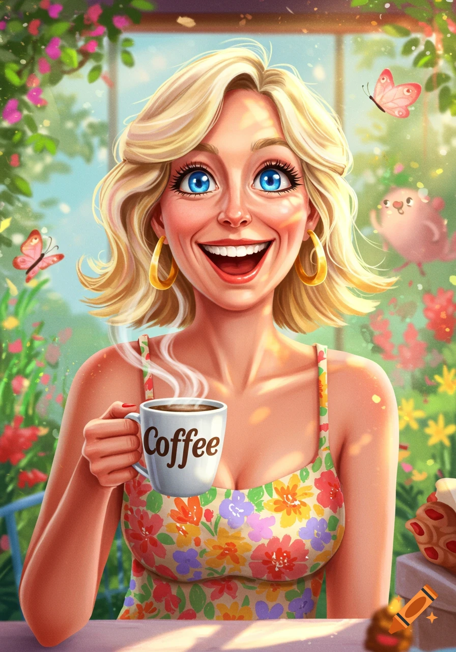 Vibrant stylized illustration of a happy blonde woman with blue eyes holding a coffee mug in a sunny floral garden setting.