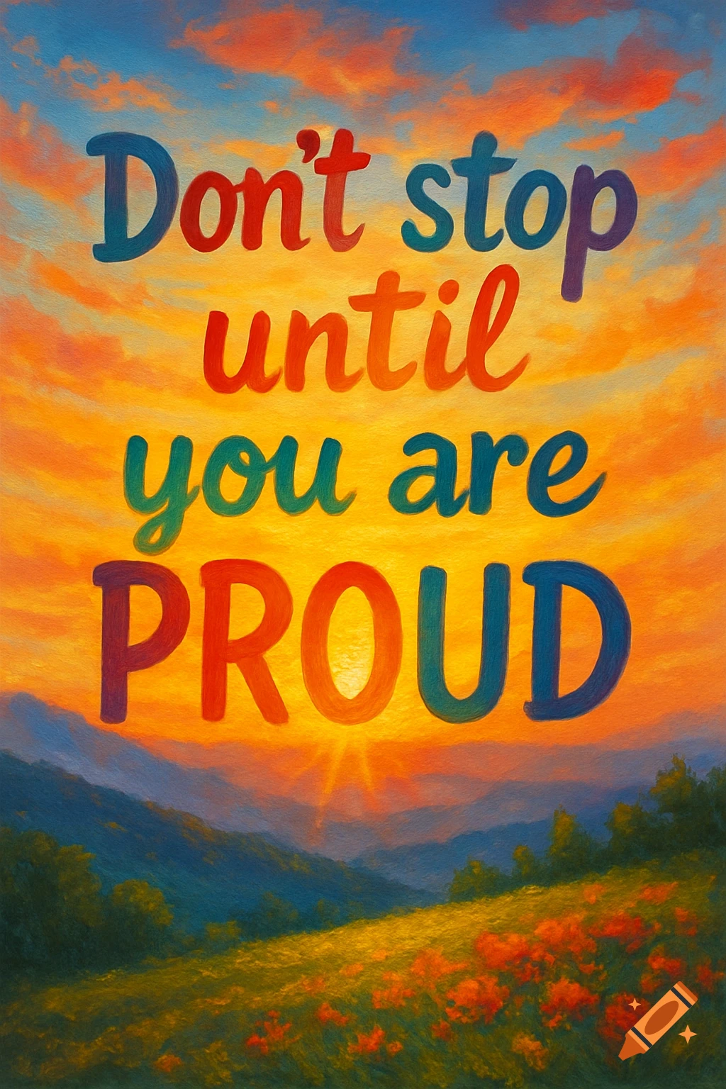 Motivational quote 'Don't stop until you are PROUD' in colorful text over a vibrant sunset landscape with mountains and flowers, painterly style.