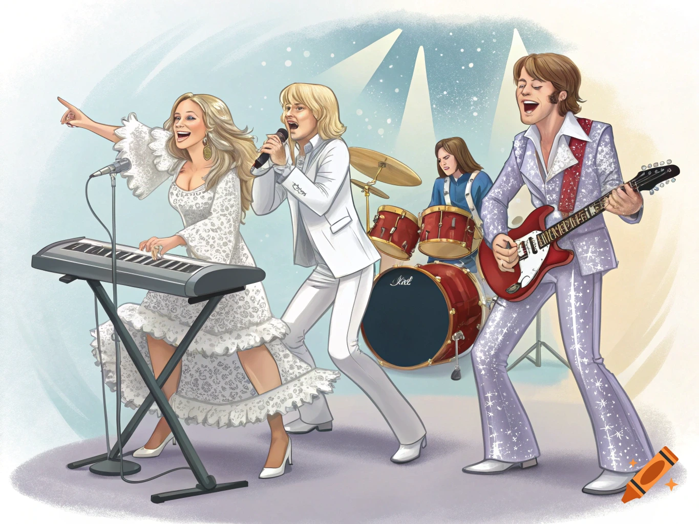 An animated illustration of a band resembling ABBA performing on stage, with a female singer/keyboardist, a male singer, a drummer, and a male guitarist.
