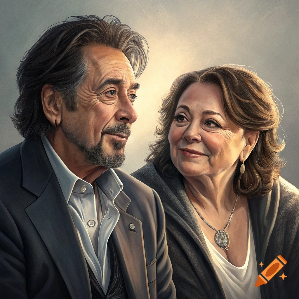 A painted portrait of an older man with a goatee and an older woman with curly hair looking at each other.