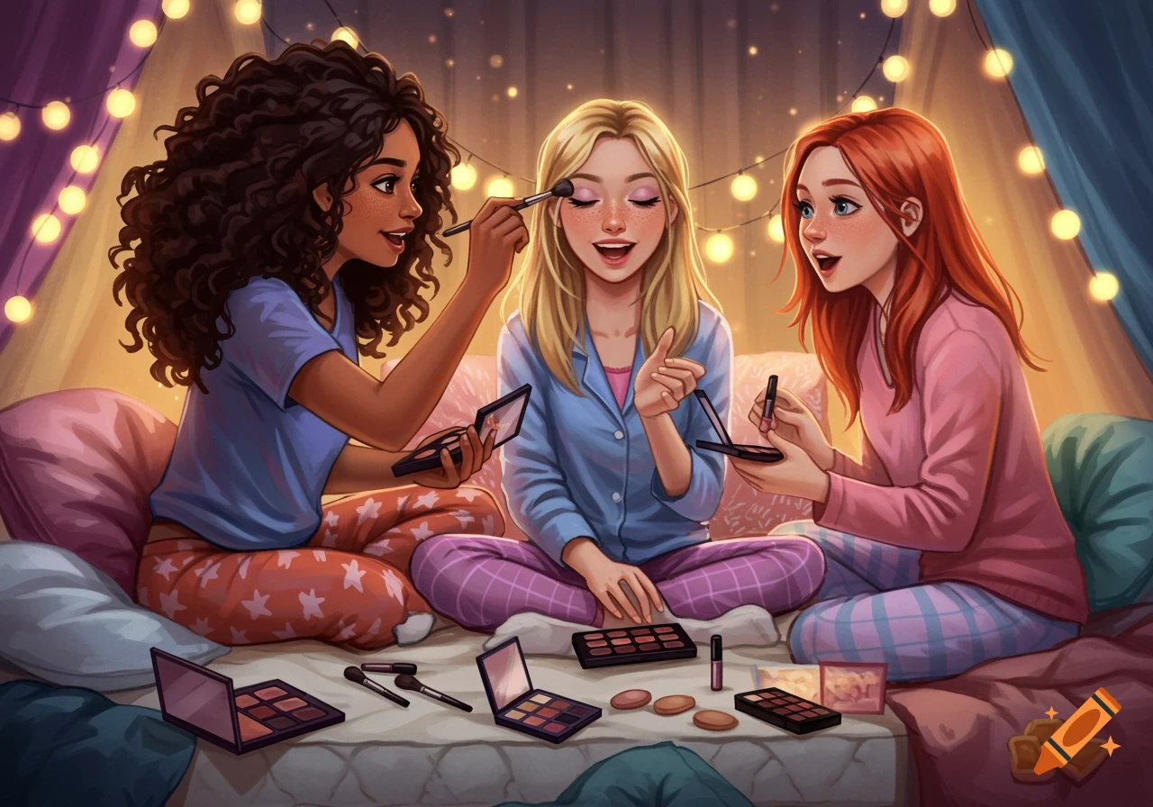Three cartoon girls in pajamas applying makeup during a sleepover under string lights in a fort.