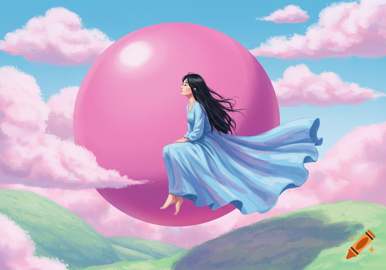 A young woman with long dark hair sits on a large pink bubble floating above green hills under a blue sky with pink clouds, in an illustrative style.
