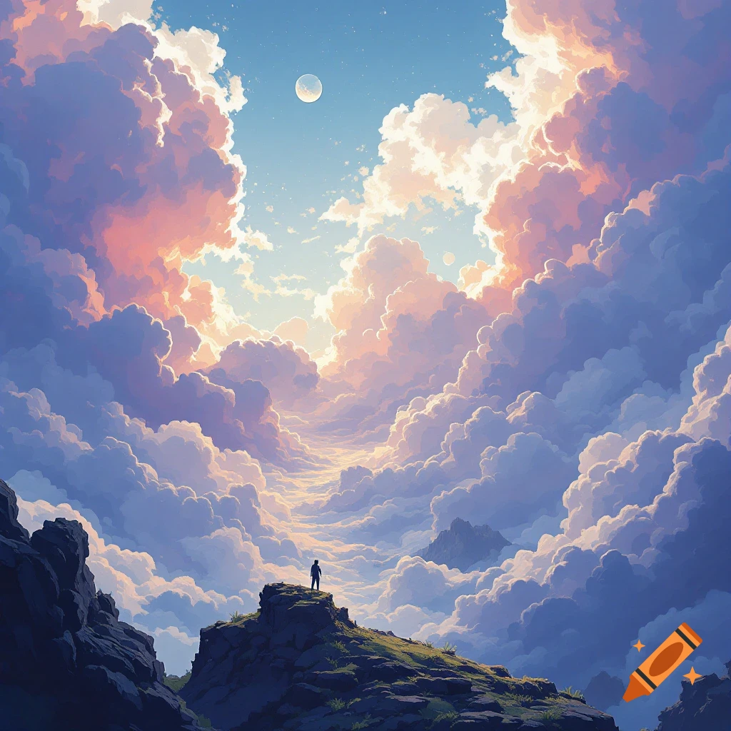 A person stands on a mountain peak overlooking a vast, dreamlike expanse of pink and blue clouds, with a moon visible in the sky.