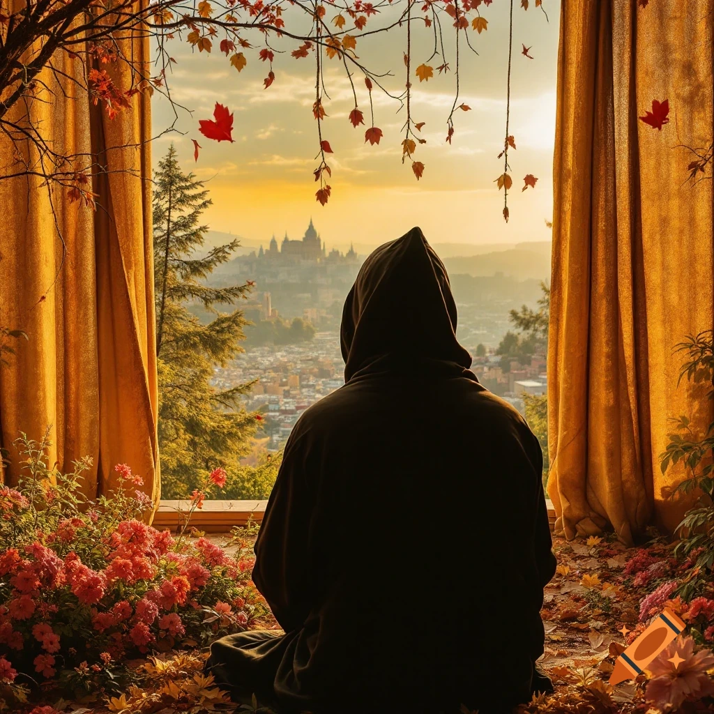 A person in a dark hooded robe sits looking out a window at an autumnal city skyline bathed in sunset light, with colorful leaves and flowers.