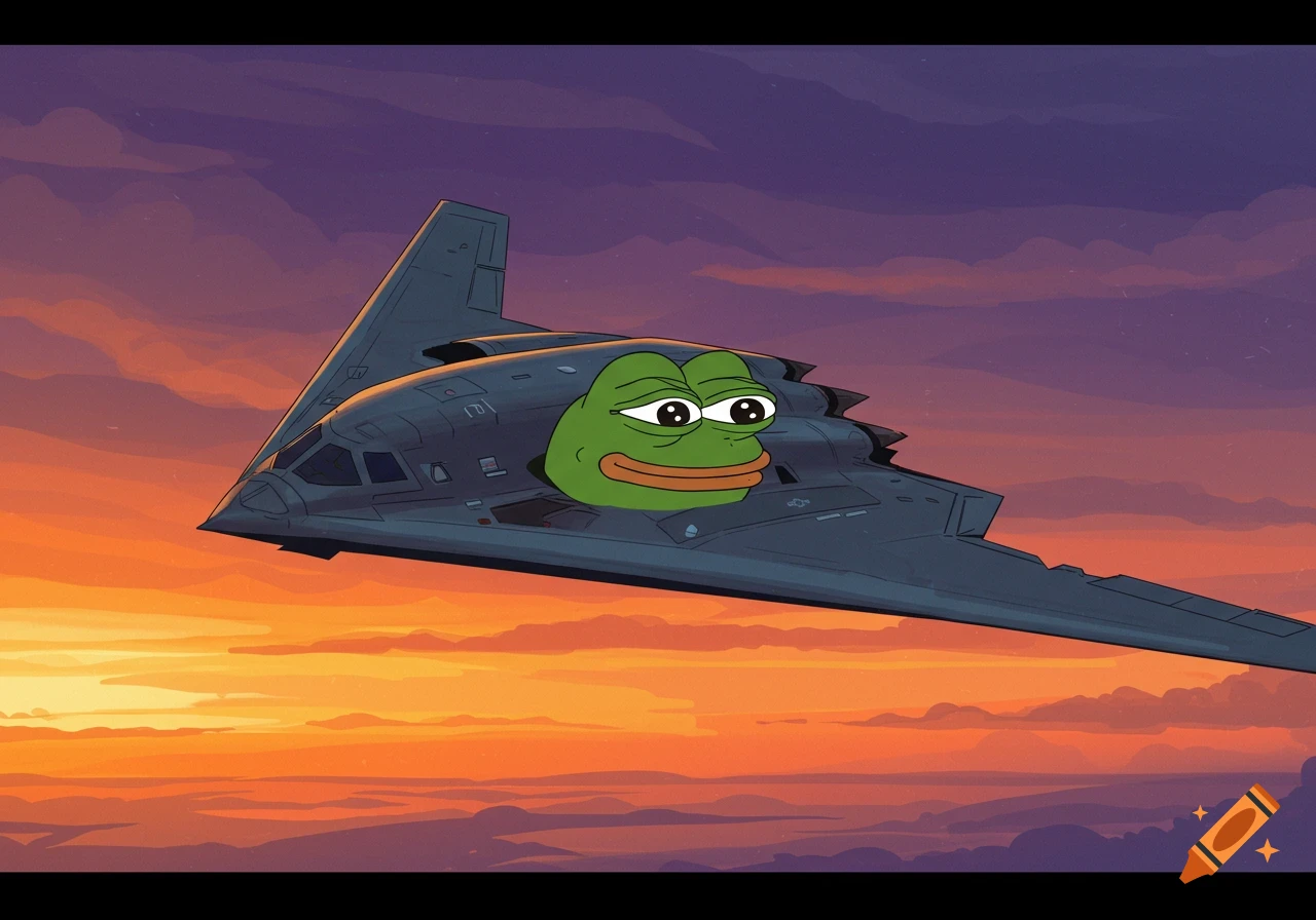 A cartoon B2 stealth bomber with Pepe the Frog's head in the cockpit flies through a sunset sky.