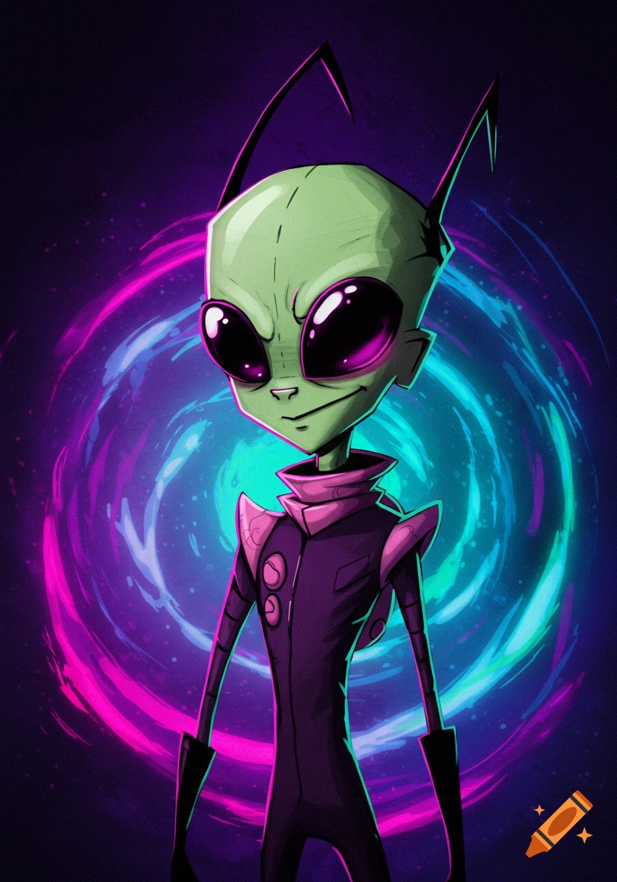 A stylized cartoon illustration of the green alien Zim with large purple eyes, wearing a black and purple uniform, against a swirling neon pink and blue background.