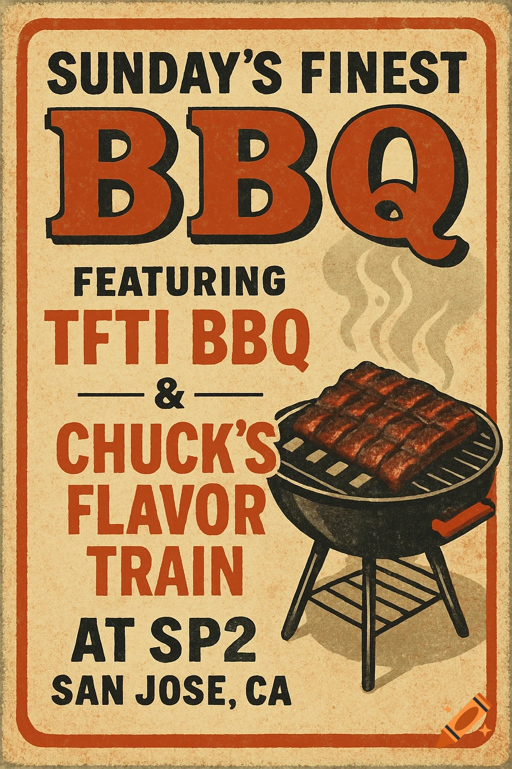 A vintage-style poster advertising 'Sunday's Finest BBQ' with a charcoal grill cooking ribs and promotional text.