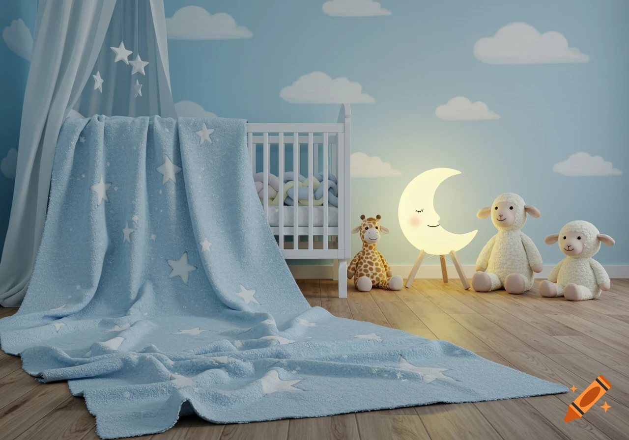 A light blue nursery room with a white crib, a large blue blanket with white stars, plush animal toys, and a glowing moon-shaped night light.
