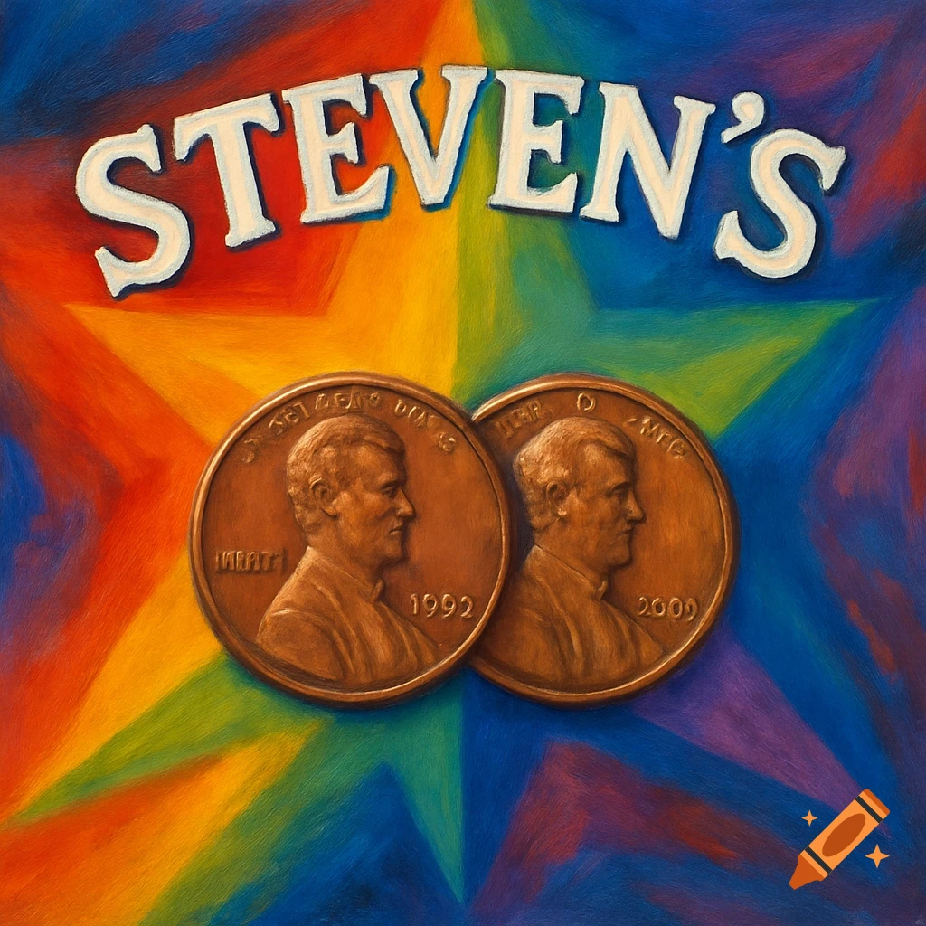 The word STEVEN'S in white above two copper pennies, 1992 and 2009, on a colorful rainbow star background.