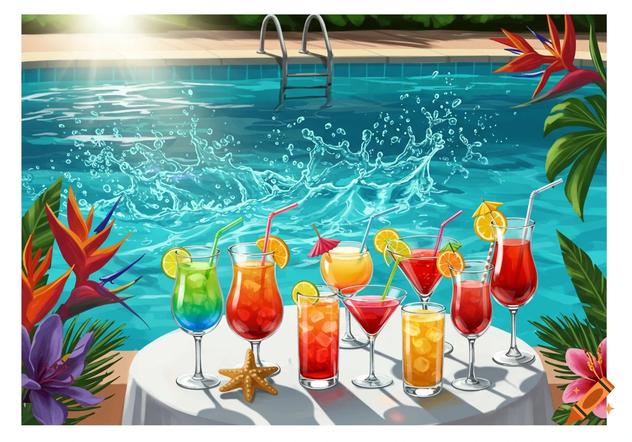 A vibrant illustration of various colorful cocktails on a white table by a blue swimming pool, with water splashing and tropical flowers.