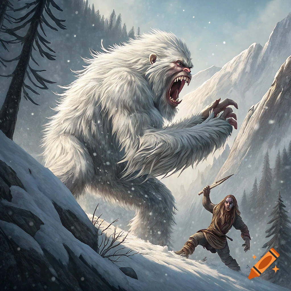 A massive, roaring white yeti confronts a human holding a knife in a snowy mountain landscape, digital painting.