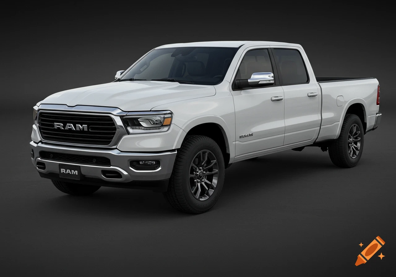 A white 2024 Ram 1500 Crew Cab pickup truck is shown from the front at an angle on a dark gray background.