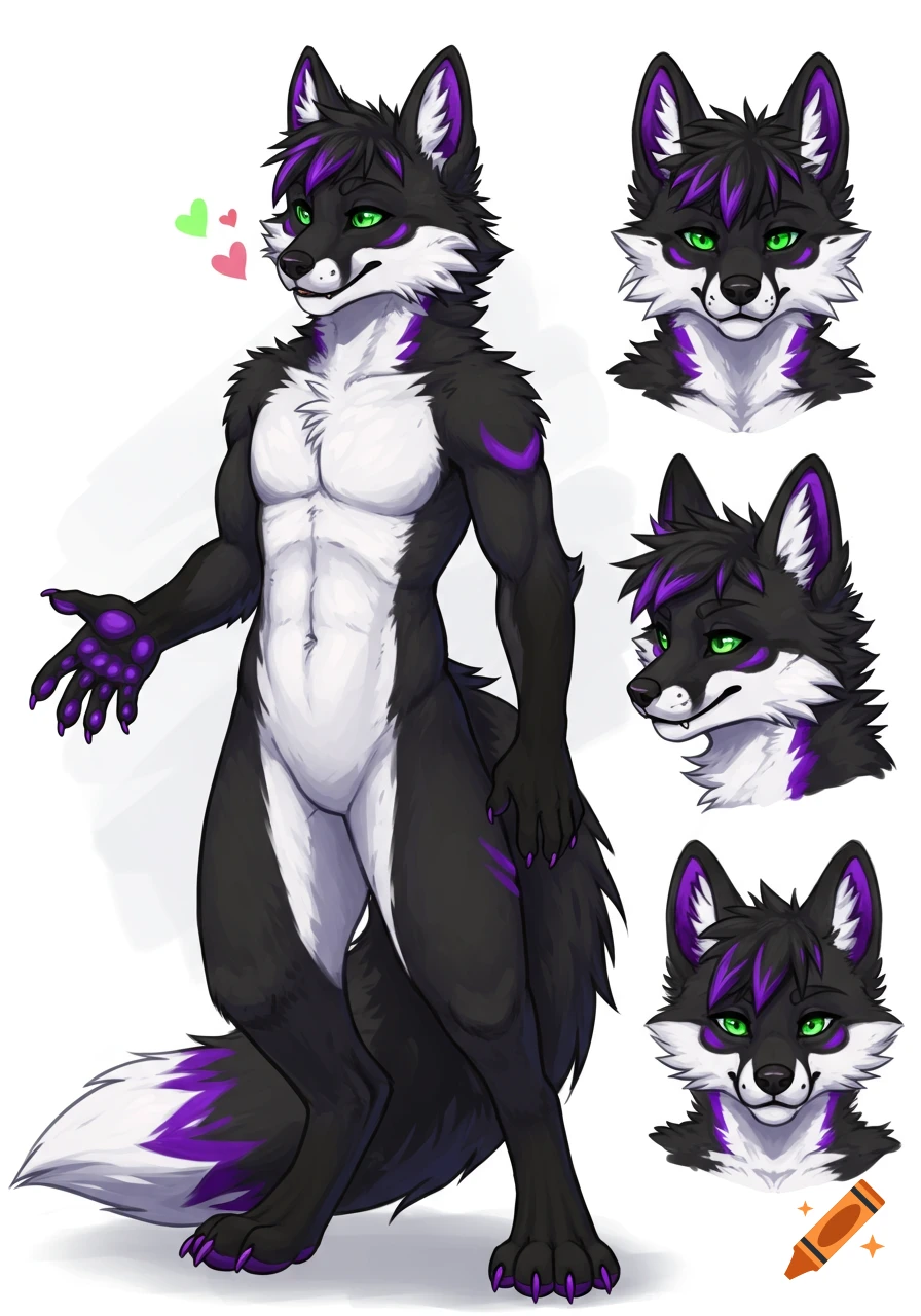 Illustrated male fox fursona with black, white, and purple fur, green eyes, standing pose with multiple headshots, and floating hearts.