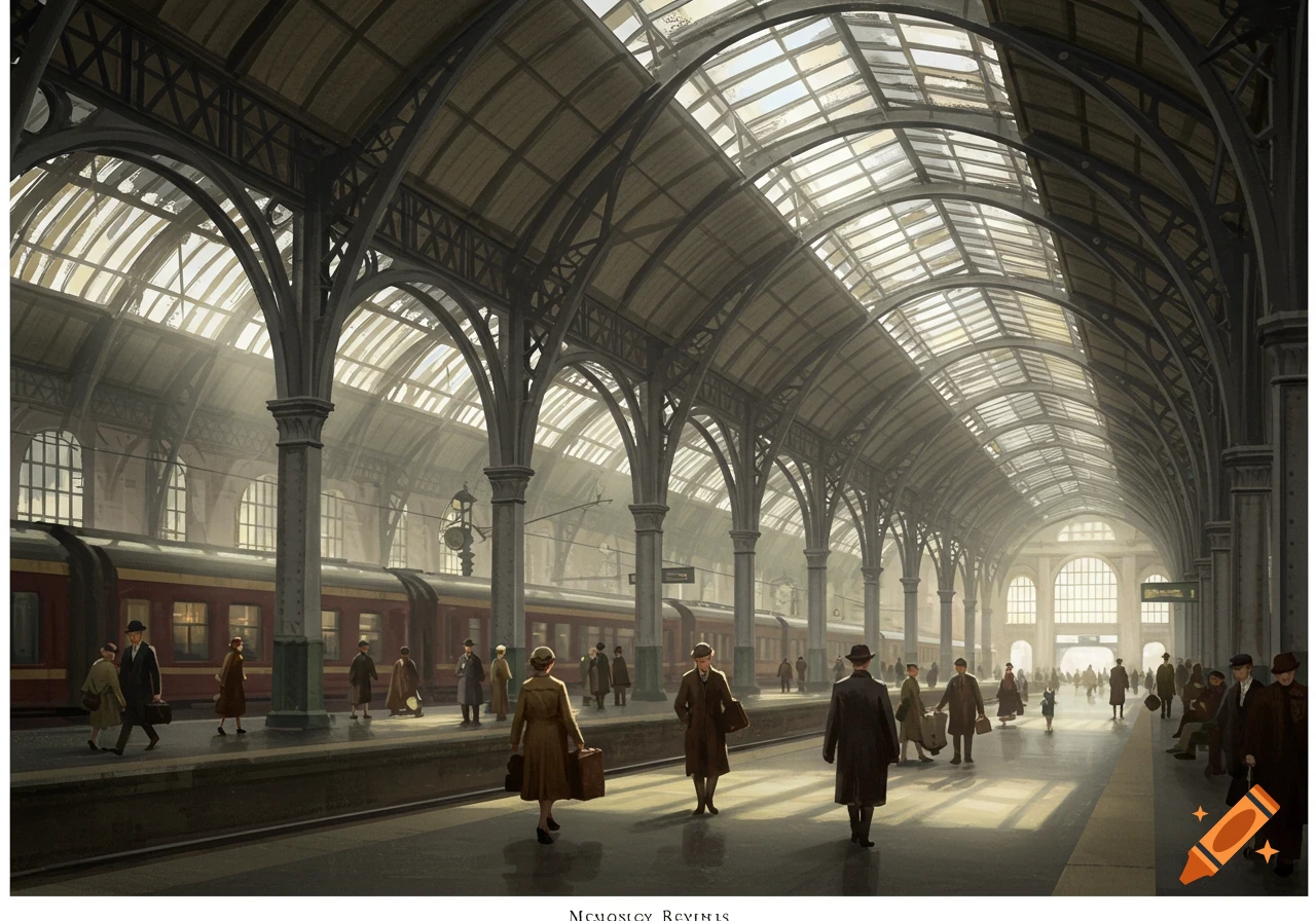 A bustling 1930s train station with passengers on the platform, under a vast arched glass and steel roof, bathed in sunlight.