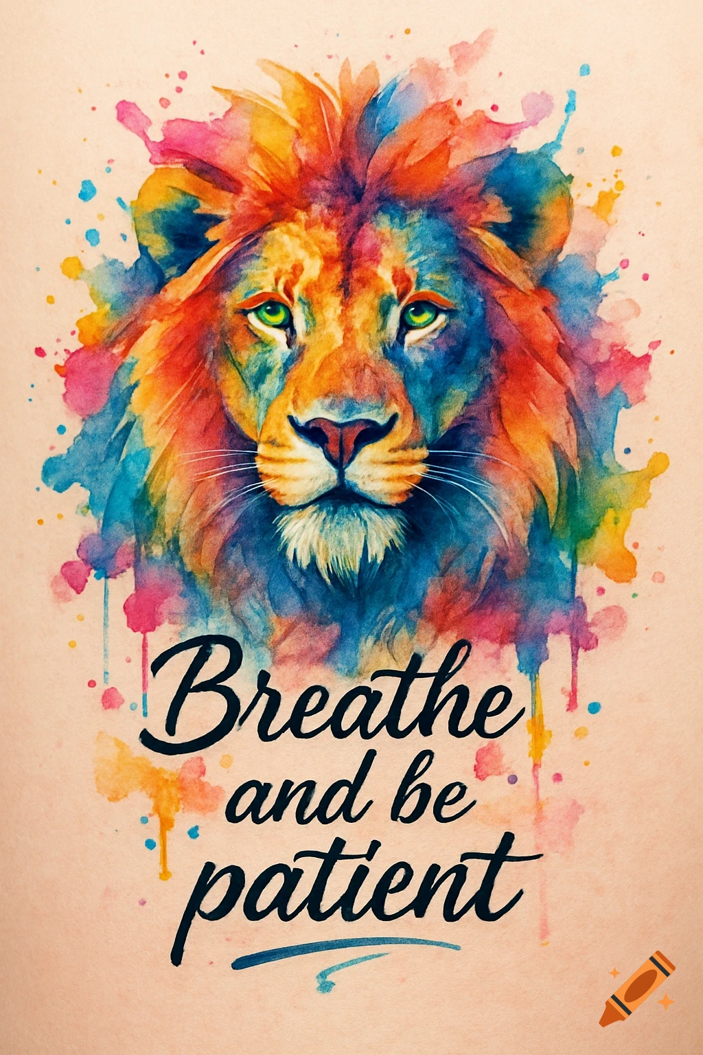 Vibrant watercolor painting of a lion's head with colorful paint splashes and the text "Breathe and be patient."