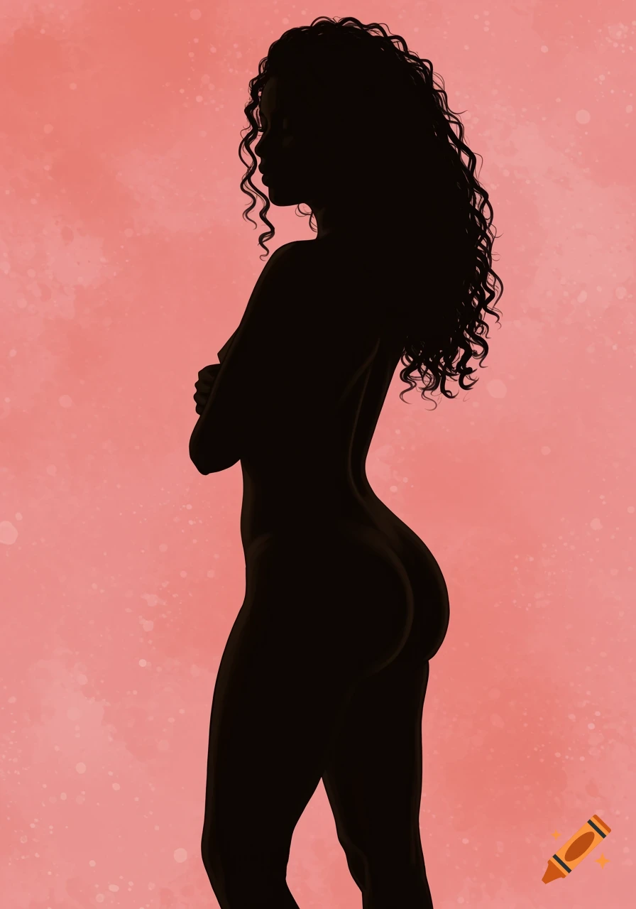 A black silhouette of a curvy woman with long, curly hair, standing in profile against a textured pink background.